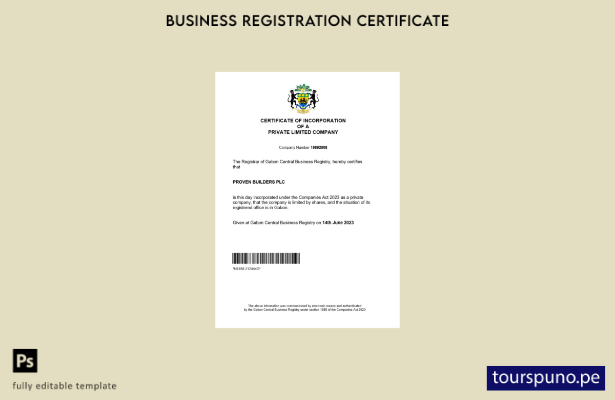listo para imprimir Plantilla de plantilla de certificado de registro de Gabón e